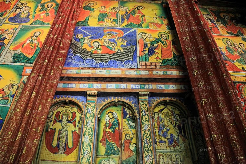 Ahamra region, Azoa Maryam round church on the Zeghie peninsula in Lake Tana, Lake Tsana or Lake Dembea, mural painting, Ethiopia, Africa