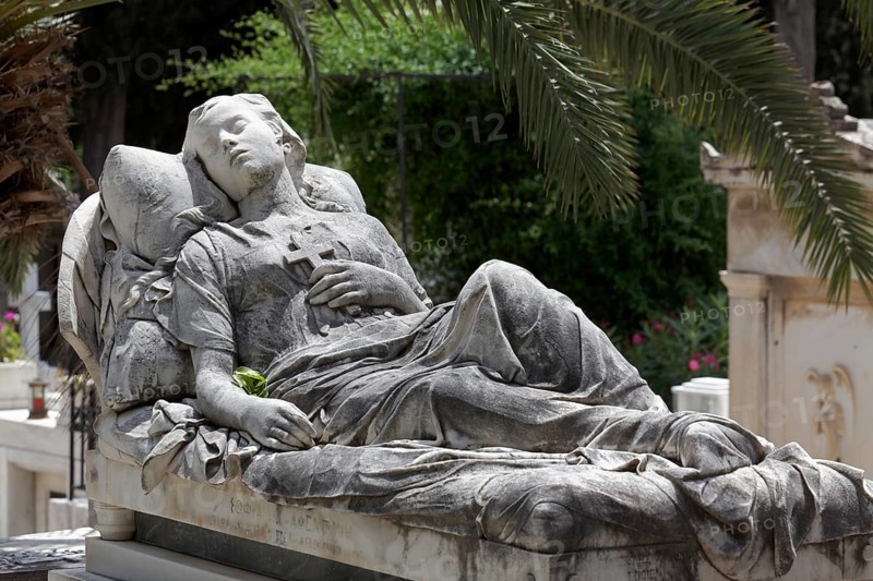 Sleeping female figure by sculptor Giannoulis Chalepas, Tomb of Maria Afendakis, First Athens Cemetery from 1834, Athens, Greece, Europe