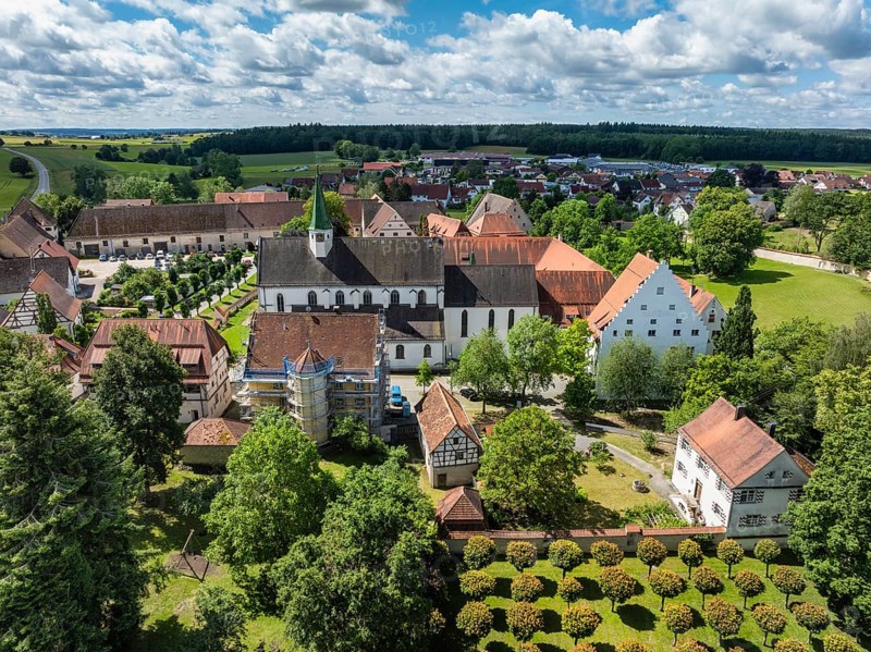 Aerial view of the village of Heiligkreuztal with the cathedral and the former Cistercian nunnery, district of Biberach, Upper Swabia, Baden-Württemberg, Germany, Europe