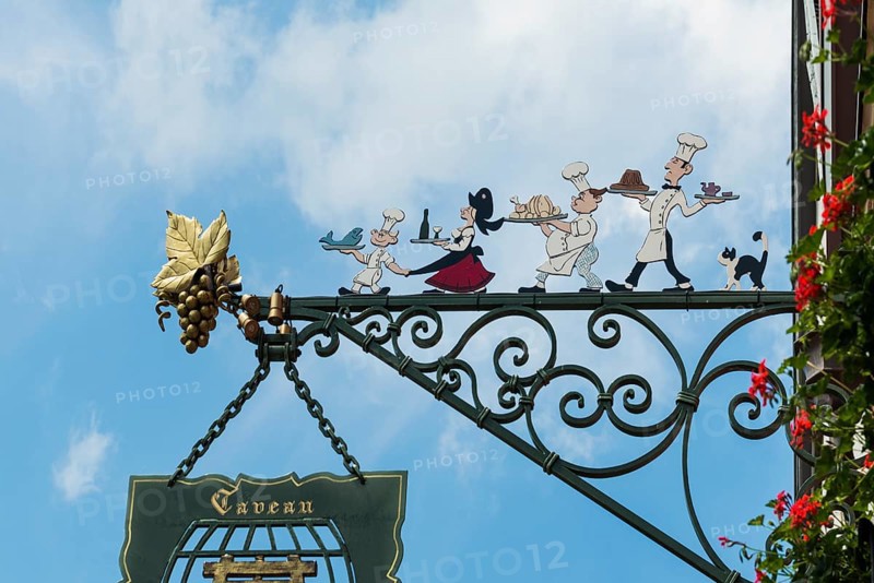 Restaurant sign, Eguisheim, Plus beaux villages de France, Haut-Rhin, Alsace, Alsace, France, Europe
