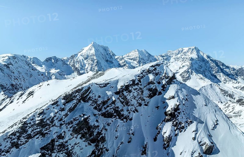 Aerial view, snow-covered mountain landscape, summit of the Madritschspitze in front of Ortler, Monte Zebrù, Königsspitze in the Ortler group, Trento, Italy, Europe
