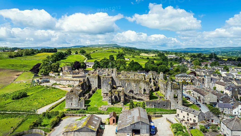 Middleham Castle from a drone, Middleham, Wensleydale, North Yorkshire, England, United Kingdom, Europe