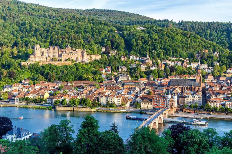 View of the Neckar River Castle and Old Bridge in Heidelberg, Germany, Europe