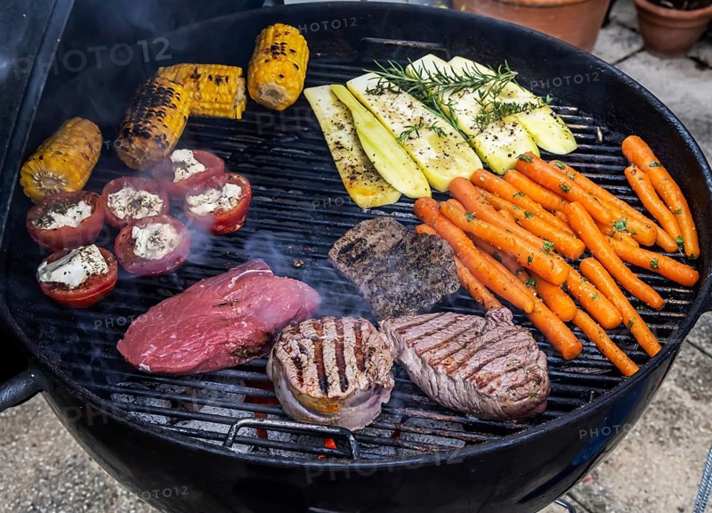 Whether vegetarian or with meat: barbecues are on trend. Vegetables such as carrots, tomatoes and courgettes as well as steaks on a kettle grill. Germany