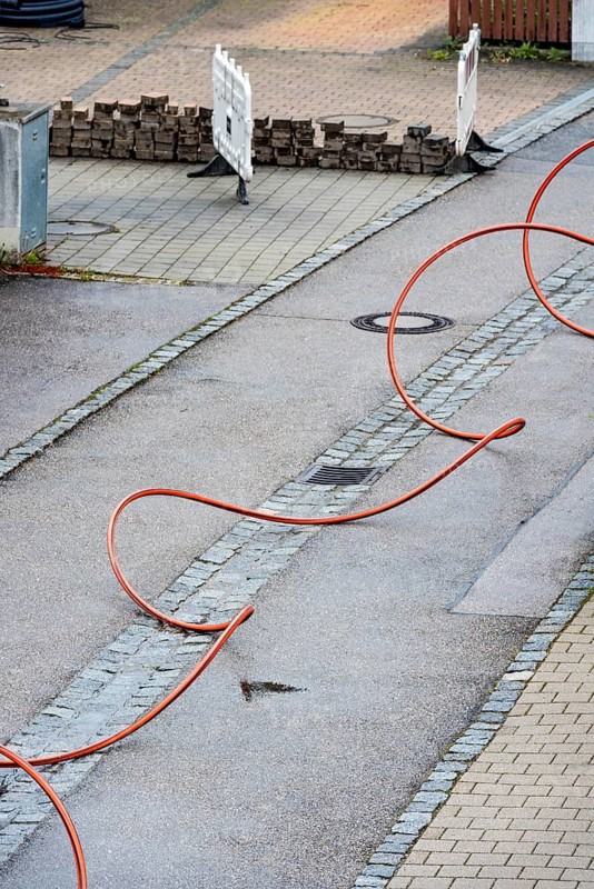 Fibre optic cable for laying under road, construction site, fibre optic expansion, fast Internet, residential area, rural, village, Marzling, Upper Bavaria, Bavaria, Germany, Europe