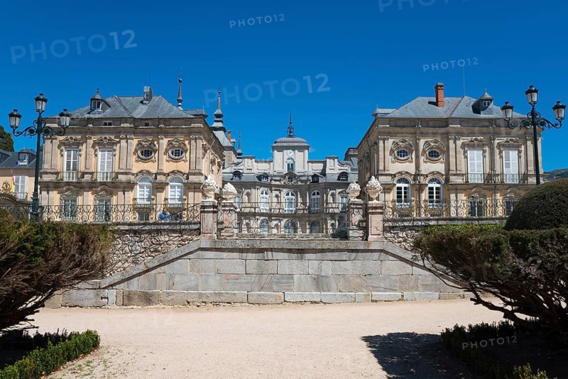 Baroque palace with symmetrical design and stone wall under a sunny sky, Royal Castle La Granja, Palace, Palacio Real de La Granja de San Ildefonso, San Ildefonso, Segovia, Castilla y Leon, Castilla y León, Spain, Europe