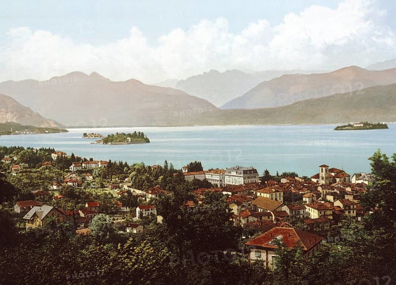 Isola Bella and Stresa, Lago Maggiore, Italy, Isola Bella and Stresa, Lake Maggiore, Italy, Historical, digitally restored reproduction from a 19th century original, 1880, Record date not stated, Europe