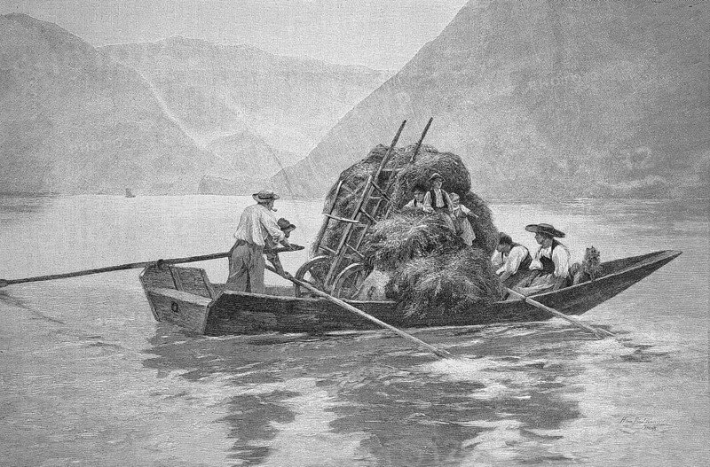 Journey home after the hay harvest with the barge across the lake, Agriculture, Bavaria, Germany, Historical, digitally restored reproduction from a 19th century original, around 1890, Record date not stated, Europe