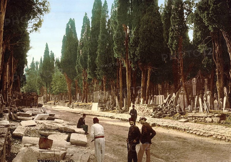 Cypresses and road leading to the cemetery, Skutari, Constantinople, Istanbul, Turkey, View from 1885, Historical, digitally restored reproduction from a 19th century original, Record date not stated, Asia