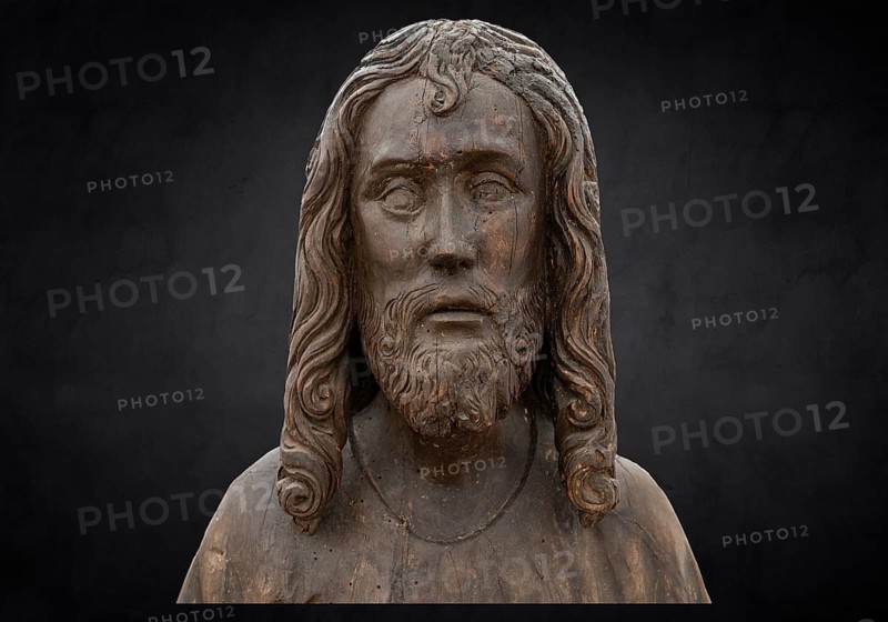 Christ on the Palm Donkey, c. 1500, detail, on dark background, Zeppelin Museum, Friedrichshafen, Baden-Württemberg, Germany, Europe