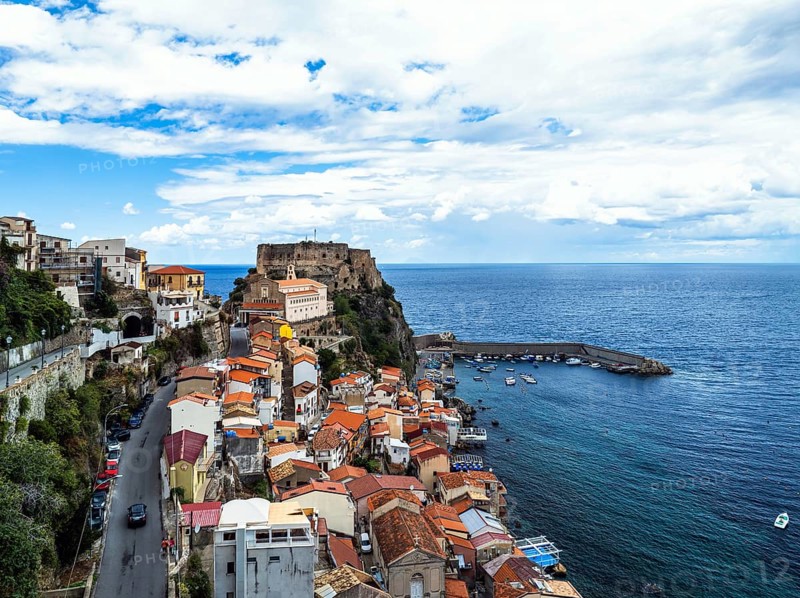 Scilla from a drone, Calabria, Italy, Europe