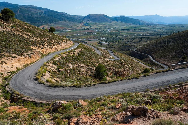 Winding road through a green mountain landscape to Mirador Laujar, Laujar de Andarax, Province of Almería, Almeria, Andalusia, Spain, Europe
