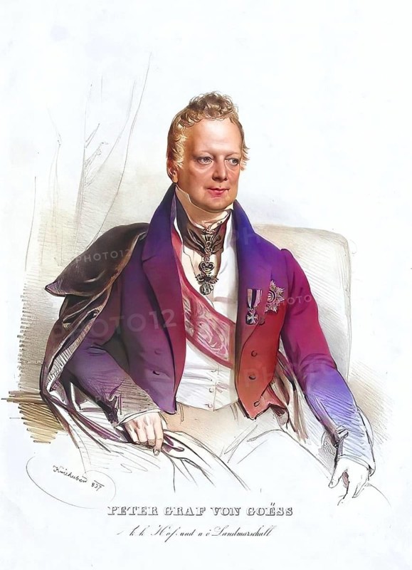 Johann Peter II Count von Goess, Baron of Karlsberg and Moosburg (born 8 February 1774 in Florence, died 11 July 1846 in Vienna), was a member of the noble Goëss family. He was an Austrian Privy Councillor and Chamberlain, jurist and civil servant, President of the Styrian-Carinthian Gubernium, Historical, digitally restored reproduction from a 19th century original, Record date not stated