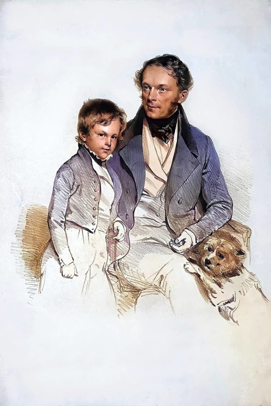 Heinrich Eduard Schönburg-Hartenstein with son, Prince Heinrich Eduard von Schönburg-Hartenstein (born 11 October 1787 in Waldenburg, died 16 November 1872 in Vienna) was a member of the House of Lords and founder of the Schönburg-Hartenstein line, Historical, digitally restored reproduction from a 19th century original, Record date not stated