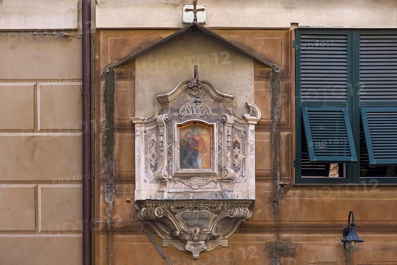 A 19th century aedicule with an image of the Virgin Mary in the historic centre, Piazzetta San Carlo, Genoa, Italy, Europe