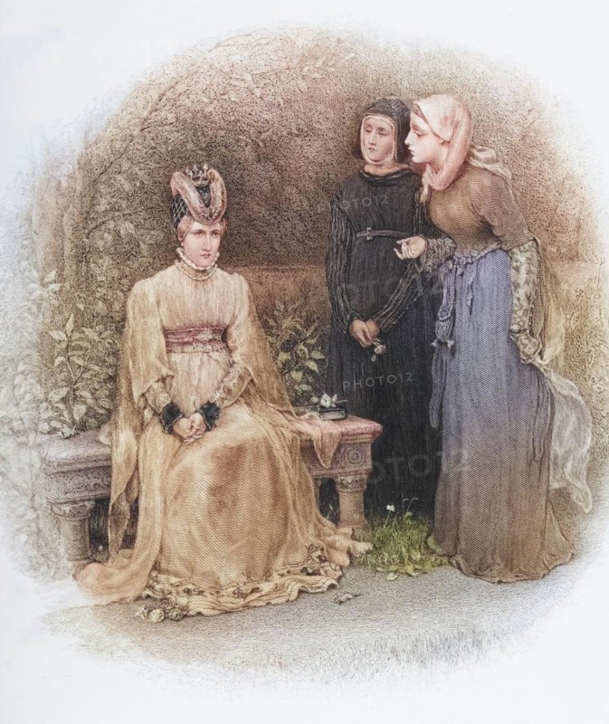 Queen Isabella and her ladies, Isabella of Valois, 1389-1409, second woman of King Richard II of England, from the book The Queens of England, Volume II by Sydney Wilmot. Published in London c. 1890, Historical, digitally restored reproduction from a 19th century original, Record date not stated