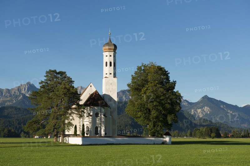 Pilgrimage church of St Coloman in the morning light, Schwangau, Füssen, Ostallgäu, Allgäu, Swabia, Bavaria, Germany, Europe