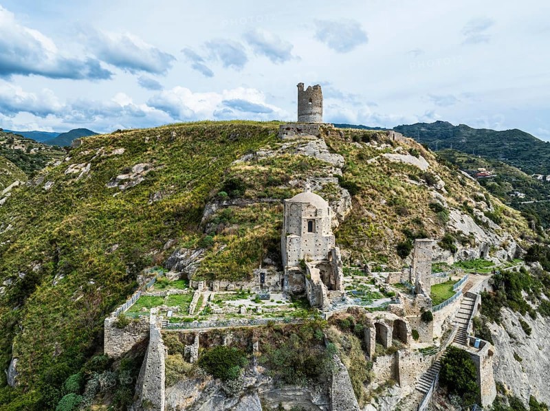 Ruins of the Church of Saint Francis of Assisi and Amantea Castle from a drone, Amantea, Tyrrhenian Sea, Calabria, Italy, Europe