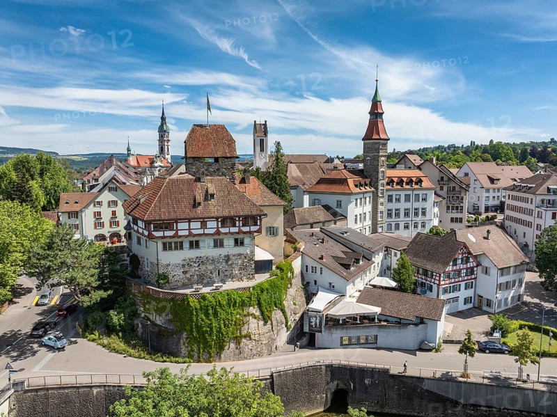 Aerial view, townscape, city centre, old town of Frauenfeld, with the Frauenfeld castle and the town hall, in front the river Murg, canton Thurgau, Switzerland, Europe