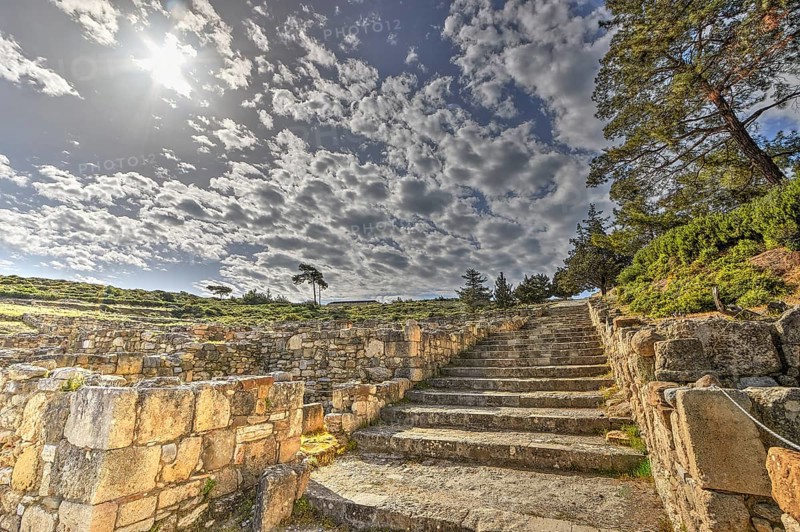 HDR, Super wide angle shot, Ancient ruins with stone staircase and surrounding vegetation under cloudy sky with sunlight, Kamiros, Archaeological site, Ancient city, Foundation of Doric Greeks, Rhodes, Dodecanese, Greek Islands, Greece, Europe