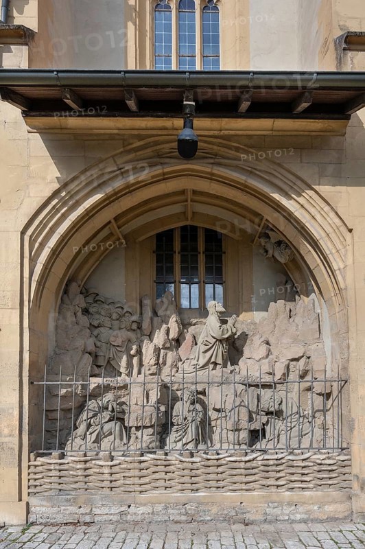 Depiction of the Mount of Olives on the late Gothic church of St John the Baptist, Obere Kirchgasse 5, Kitzingen, Lower Franconia, Bavaria, Germany, Europe