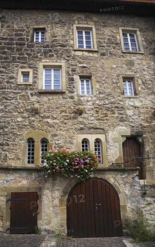 Old stone building facade with windows and decorated with colourful Pelargonium, Geranium flowers in late summer, Bad Wimpfen, Germany, Europe