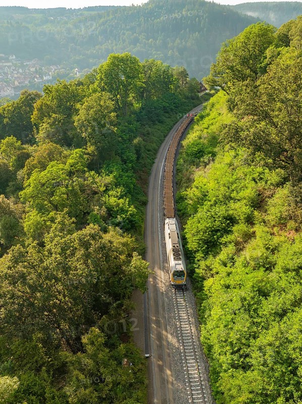 Train on railway tracks between dense trees and wooded hills, track construction, rail delivery for Hermann Hessebahn, Calw, Black Forest, Germany, Europe