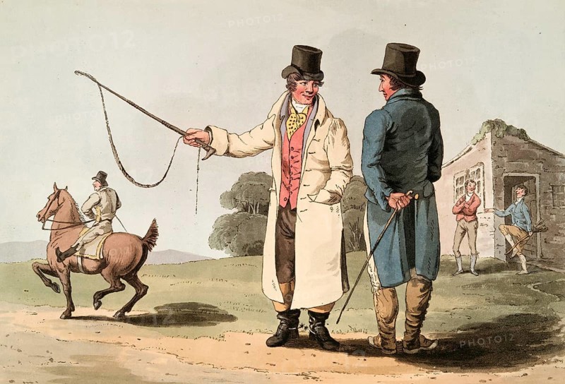 Scene from everyday life in England around 1810, The horse dealer praises a horse, Historical, digitally restored reproduction from a 19th century original, Date unknown