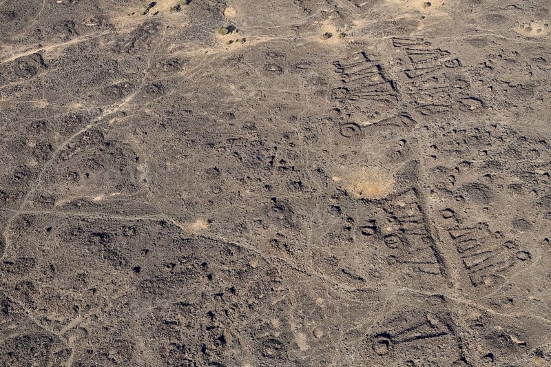 Neolithic stone ritual buildings, so-called mustatils, aerial view, near Khaybar, Medina province, Saudi Arabia, Arabian Peninsula, Asia