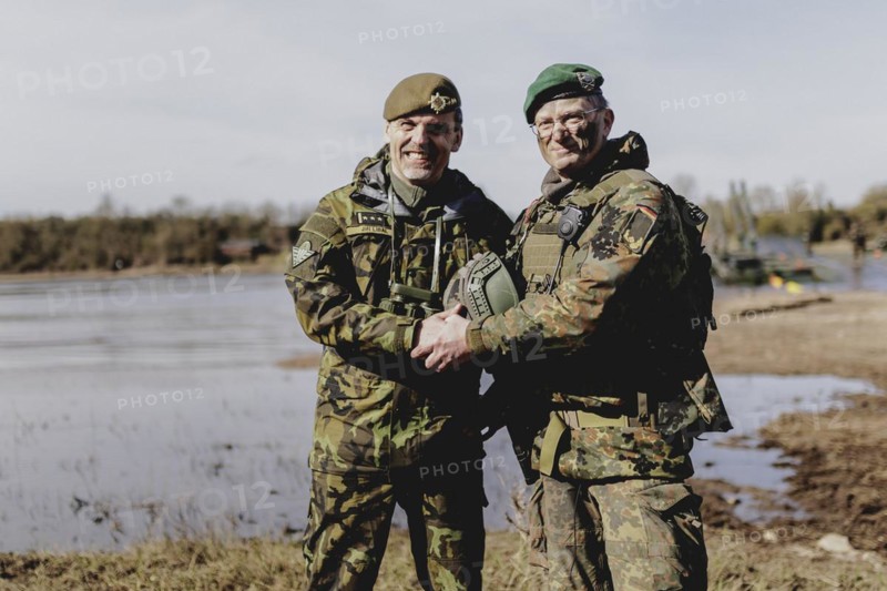 (L-R) Colonel Jiri Libal, Commander 4th Rapid Deployment Brigade, and Brigadier General Alexander Krone, Commander NATO Response Force Land Brigade, photographed during the military exercise 'Wettiner Schwert' with German and Czech soldiers near Tangermünde, 26 March 2024. 'Wettiner Schwert' is part of the NATO Quadriga exercise