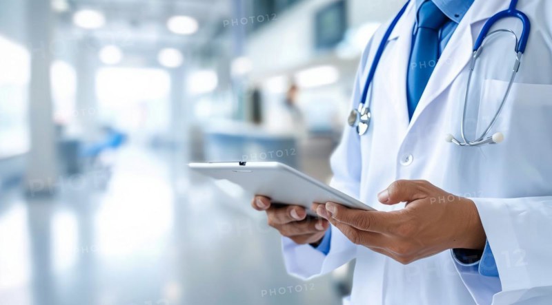 Doctor in hospital with patients charts. Making diagnosis and checking status and blood results, AI generated