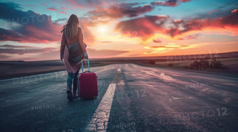 A woman is walking down a road with a red suitcase. Concept of solo travel, AI generated