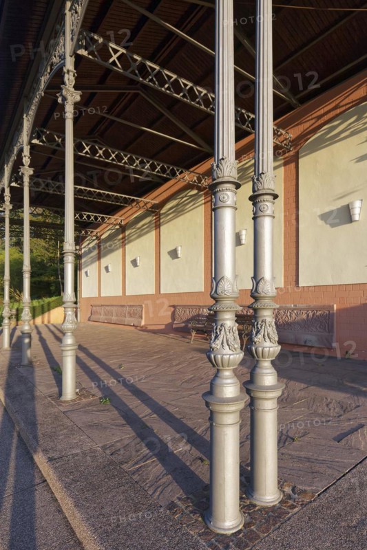 Cast iron columns of the 1882 Wandelhalle, Badenweiler spa gardens, Markgräflerland, Black Forest, Baden-Württemberg, Germany, Europe