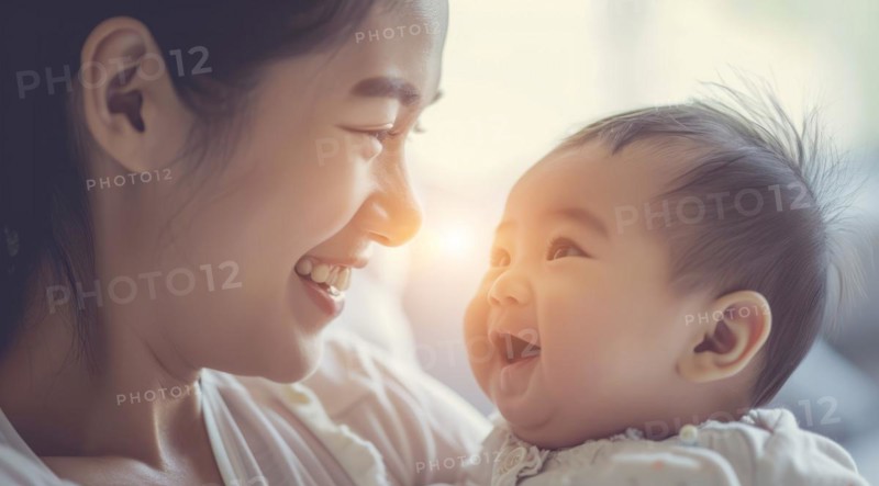 Asian mother holding an infant toddler, a concept of a happy successful middle-class Asian family, AI generated