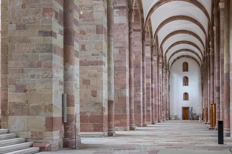 Speyer Cathedral, long nave with stone arches and a patterned tiled floor, Speyer Cathedral, Unesco World Heritage Site, foundation stone laid around 1030, Speyer, Rhineland-Palatinate, Germany, Europe
