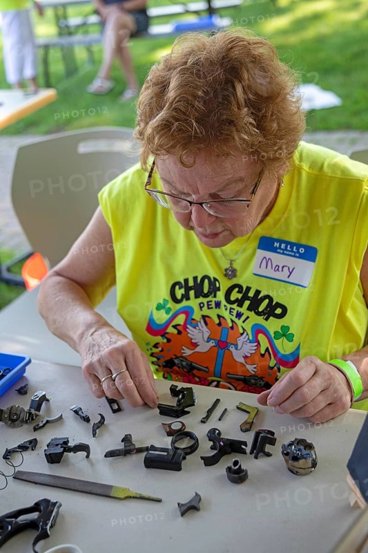 Southfield, Michigan USA, 13 July 2024, St. David's Episcopal Church used chop saws to destroy firearms that they had bought from people who wanted to dispose of them. Then volunteers used parts of the weapons for art projects
