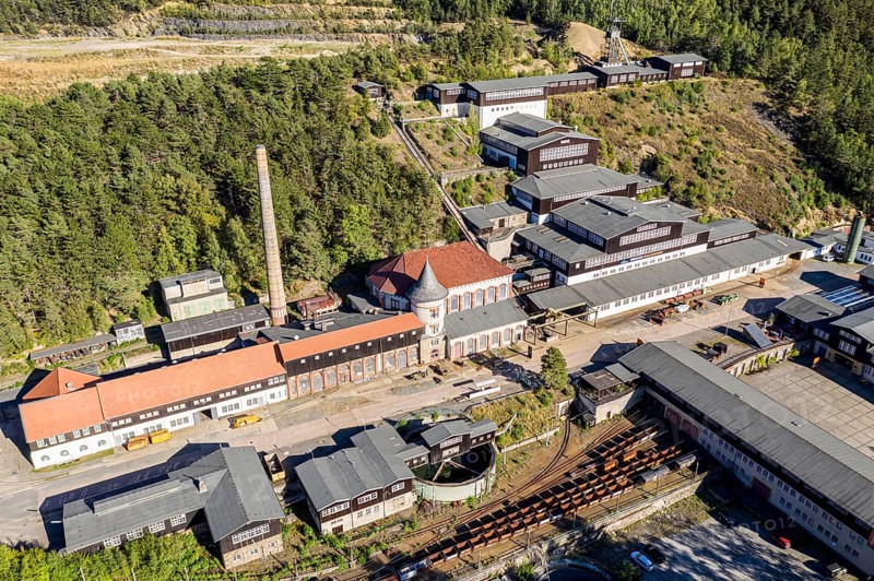 Historical visitor mine Rammelsberg, UNESCO world heritage site, aerial view, Goslar, Harz, Germany, Europe