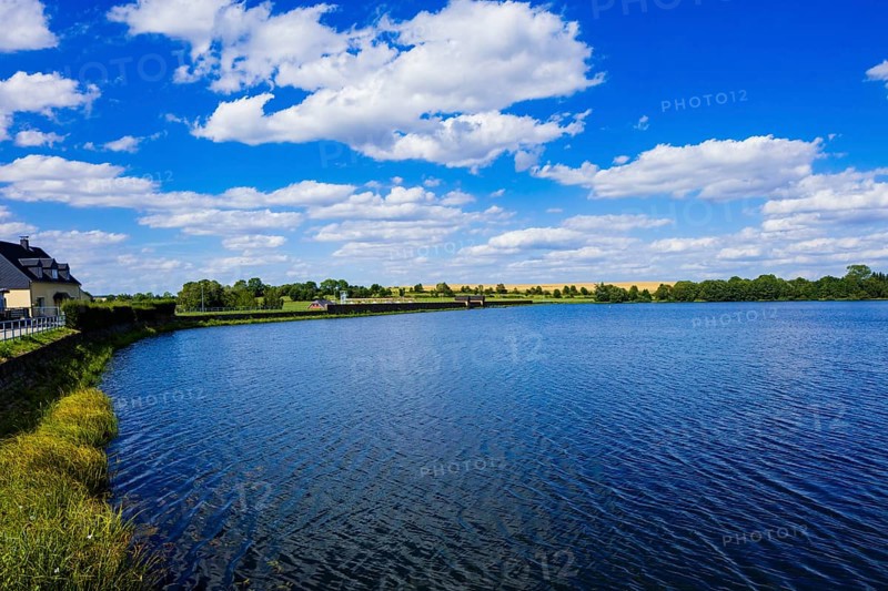 The Upper Grosshartmannsdorf Pond is a reservoir of the Freiberg District Waterworks in Saxony. It was created between 1591 and 1593 near Grosshartmannsdorf for mining in the Freiberg mining district and is connected to other ponds of the RWA via artificial ditches and ditches, Grosshartmannsdorf, Grosshartmannsdorf, Saxony, Germany, Europe