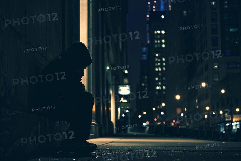 Homeless person in hood sitting on street at night. KI generiert, generiert, AI generated