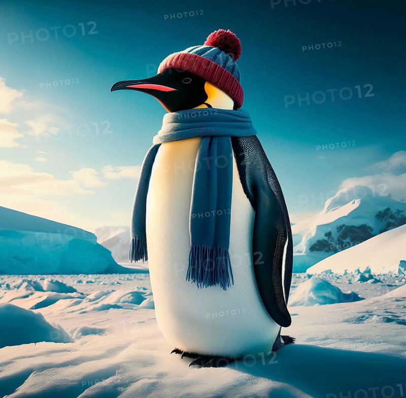 An emperor penguin with scarf and cap in the Antarctic ice, AI generated, AI generated