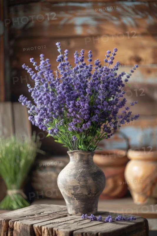 Lavender flowers (Lavendula) in a vase in a rustic, rural ambience, AI generated, AI generated, AI generated