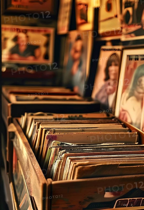 Vintage record store with dusty vinyl albums in wooden crates, old band posters on the walls, and soft, muted lighting, AI generated