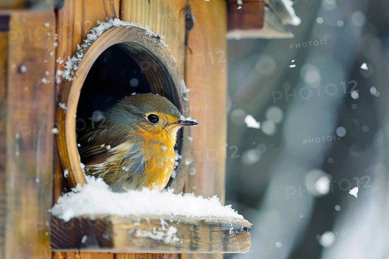 Small bird in wooden feeding house in snow during winter. Generative AI, AI generated