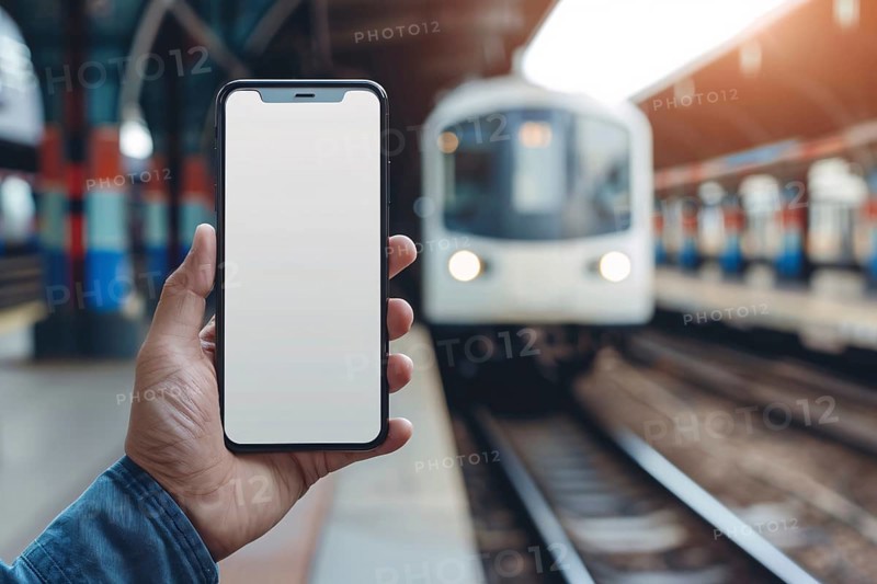Person's hand holding mobile phone with white empty screen in front of blurry train entering station platform in background. Generative ai, AI generated