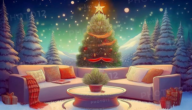 Illustration of a living room furnishing consisting of a table and couch in front of a decorated Christmas tree in the middle of a snowy winter landscape at night, AI-generated image, AI generated