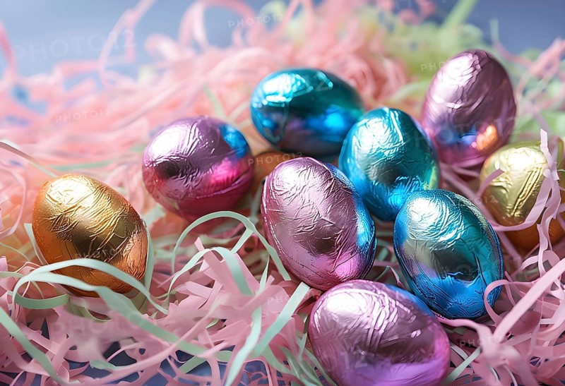 Small chocolate Easter eggs wrapped in shiny foil, placed on a bed of shredded pastel-colored paper, AI generated