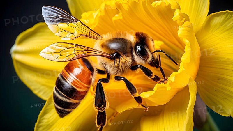 Honeybee collecting nectar from a vibrant yellow daffodil, showing intricate details of the flower and the bee, AI generated