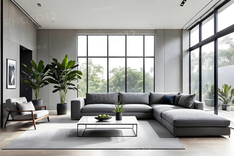 Render of a minimalist living room with clean lines and neutral tones, featuring a modern grey sofa, a single potted plant, and soft natural light streaming through large floor-to-ceiling windows, AI generated