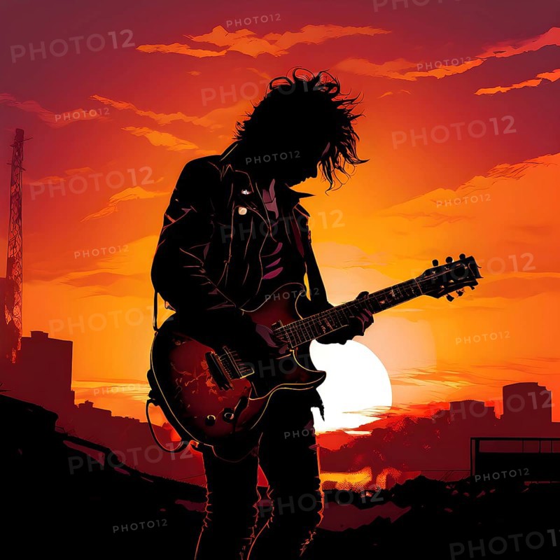 Illustration of a rock star silhouette clutching guitar against abstract urban skyline morphing into sunset, AI generated