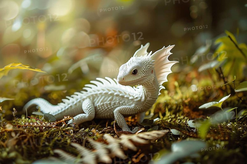 Small white dragon in forest. Generative Ai, AI generated